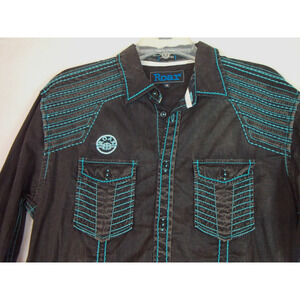 Roar Men’s Signature Black Blue‎ Contrast Stitching Dyed Distressed Shirt Medium